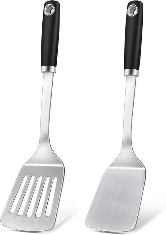 2 Pcs Silicone Stainless Steel Spatulas Set, Metal Spatula Solid & Slotted Turner, Heavy Duty Sturdy Spatula for Kitchen Use, High Heat Resistant Cooking Utensils for Fish Eggs Pancakes, Easy to Clean by Unknown