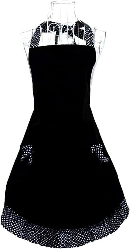 Hyzrz Cute retro Aprons with Pockets for Women Girls Vintage Kitchen Cooking Apron for Mother Gift (Black)