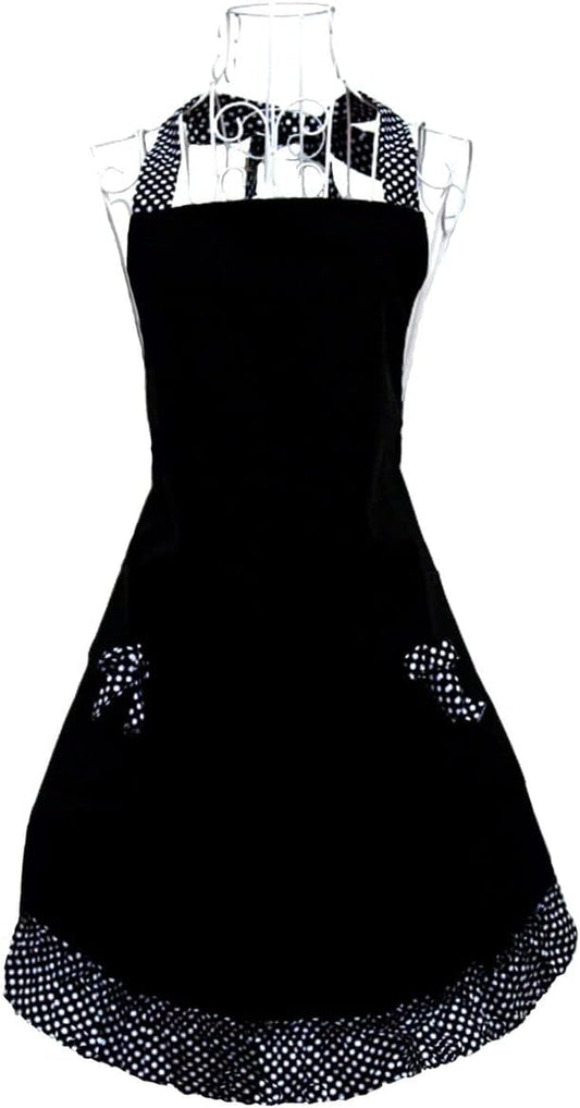 Hyzrz Cute retro Aprons with Pockets for Women Girls Vintage Kitchen Cooking Apron for Mother Gift (Black)