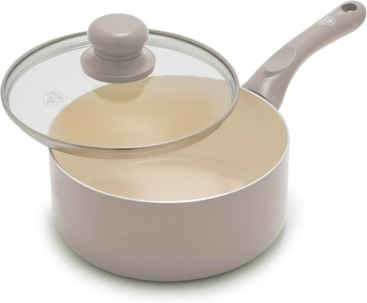 GreenLife 2 Quart Nonstick Saucepan with Lid, Non-Toxic Ceramic Pot, Dishwasher Safe, Stay-Cool Handle, Induction Ready, Fast Heating, PFAS/PFOA Free, Easy Clean, Light Gray by GreenLife