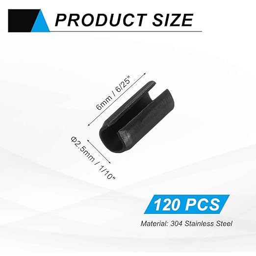 MECCANIXITY 120Pcs Slotted Split Roll Pins 1/10 Inch(2.5mm) Dia. 6/25 Inch(6mm) Length Steel Spring Tension Expansion Dowels for Secure Fastening, Black