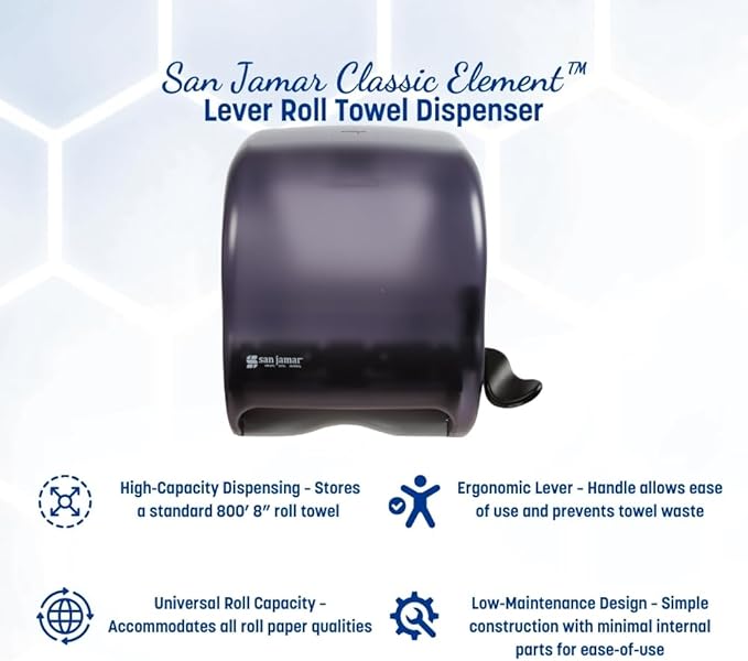 San Jamar Classic Element Paper Towel Dispenser Wall-Mounted Commercial Roll Dispenser, Fits All Core Sizes with Lever for Bathroom, Kitchens, and Restaurants, Plastic, Universal Paper, Black Pearl - Image 2