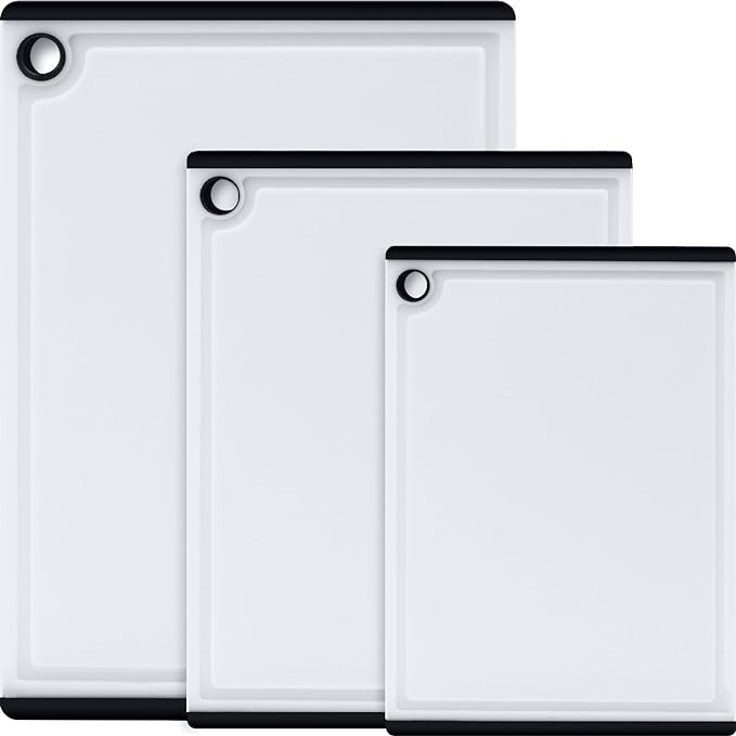 Kikcoin Plastic Cutting Boards for Kitchen, 3-Piece Large Cutting Board Set Dishwasher Safe Chopping Boards with Non-slip Feet and Juice Grooves, White by Kikcoin