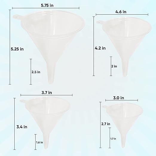 Funnel Set (4 Sizes: 122, 101, 76, 50mm) - Durable, Non-Toxic, Food-Grade Plastic funnels for Filling Bottles and containers. Ideal for Kitchen, Garage, or Labs. Perfect for Precise Pouring. - Image 2