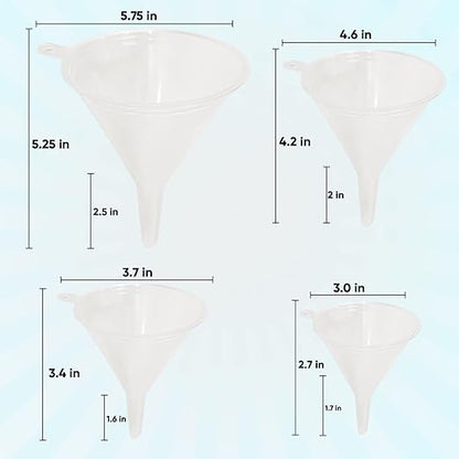 Funnel Set (4 Sizes: 122, 101, 76, 50mm) - Durable, Non-Toxic, Food-Grade Plastic funnels for Filling Bottles and containers. Ideal for Kitchen, Garage, or Labs. Perfect for Precise Pouring. - Image 2