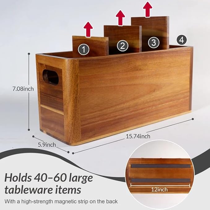 Wooden Kitchen Utensil Holder Organizer for Counter or Countertop, Large Wooden Utensil Holder 4 Compartment, Acacia Wood Container Extra Large.with Strong Magnets Multifunctional Storage Knife Holder - Image 2