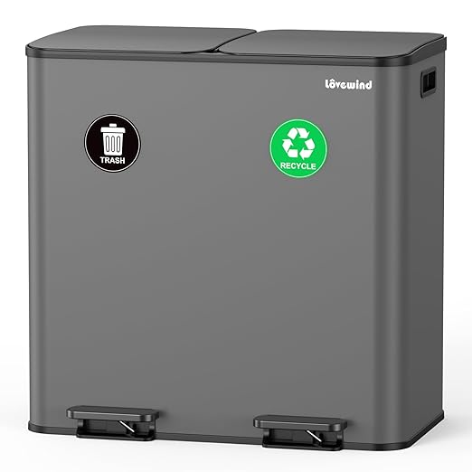 Lovewind Trash Can, 2 x 10.5 Gallon (2 x 40 L) Garbage Can for Kitchen Dual Compartment Recycling Kitchen Step Trash Bin, Stainless Steel Trash and Recycle Bin Combo with Soft-Close Lid, Grey by LOVEWIND