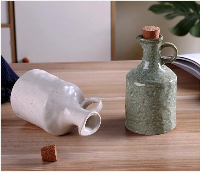 Ceramic Olive Oil Dispenser with Cork Stopper, Reactive Glaze Texture Oil Bottle, Leak - Proof Small Spout for Kitchen, Great for Storing Vinegar, Wine, Soy Sauce, Lemon Juice (GREEN) - Image 5