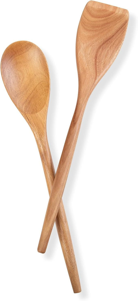 GinSent 2PCS Wooden Spoons for Cooking,14INCH Wooden Spoons Cooking Comfort Grip Wood Spoons,Wooden Kitchen Utensils for Stirring Scraping Flipping and Serving,Non-Stick Cookware Spatula &Spoons