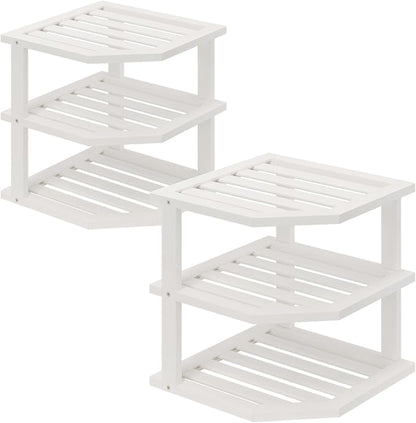 VERTORGAN 3 Tier Bamboo Corner Shelf(2 Pack),Dish Drying Rack,Plate Organizer,Kitchen Spice Rack for Countertop and Cabinet(White)