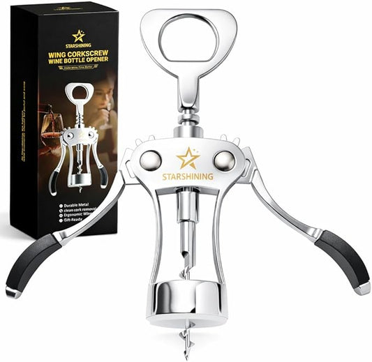 Wine Opener,Heavy-Duty Zinc Alloy Wing Corkscrew Manual Wine Bottle Opener with Sharp Spiral Screw for Sommeliers Wine Lovers,Polished Silver