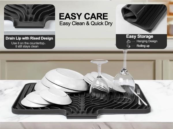 Dish Drying Mat for Kitchen Counter, with Built-in Drain Lip, Food-Grade Silicone, Easy Clean Pad for Countertop Protection, Multi-Functional Use (18x11.8, Black) - Image 5