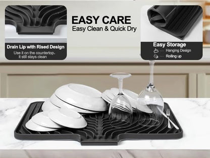 Dish Drying Mat for Kitchen Counter, with Built-in Drain Lip, Food-Grade Silicone, Easy Clean Pad for Countertop Protection, Multi-Functional Use (18x11.8, Black) - Image 5