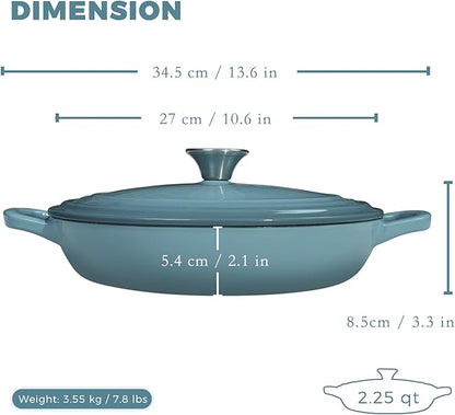 Flavehc Braiser Enameled Cast Iron Braiser 2.25 qt Braiser Pan with Lid Slateblue Shallow Cast Iron Casserole Braiser Pan with Handels