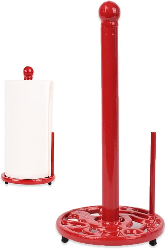 Red Cast Iron Paper Towel Holder for Kitchen Countertop - Vintage Freestanding Stand with Heavy Weighted Base, Retro Farmhouse Decor, Fits Jumbo Rolls, Easy One-Handed Tear