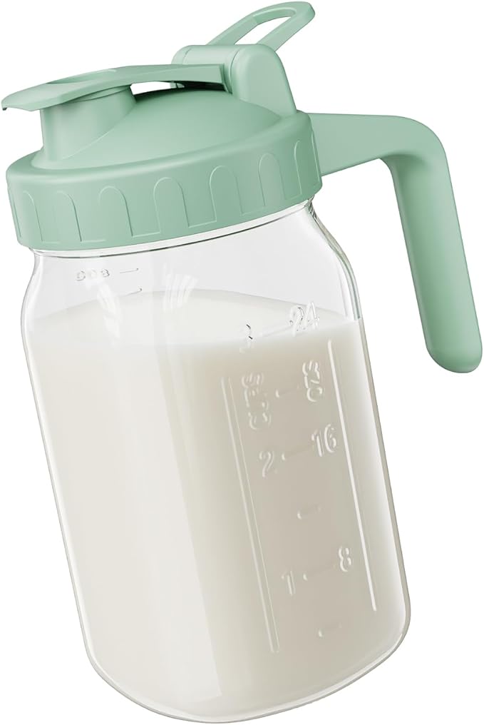 Breast Milk Pitcher - 32 oz Glass Mason Jar with Dual Leak-Proof Design, Airtight Seal, Pour Spout & Handle, Storage Container for Breastmilk, Iced Tea & Ice Drinks（Green） by Junvpic