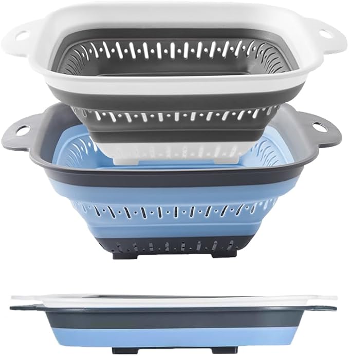 Collapsible Colander Set, Square Round Triangles Silicone Kitchen Strainer Perfect for Draining Pasta Vegetable fruit 2 PCS (10.8"L x 8.6"W x 2"H, Blue & Gray) by FglmctshHomeProducts