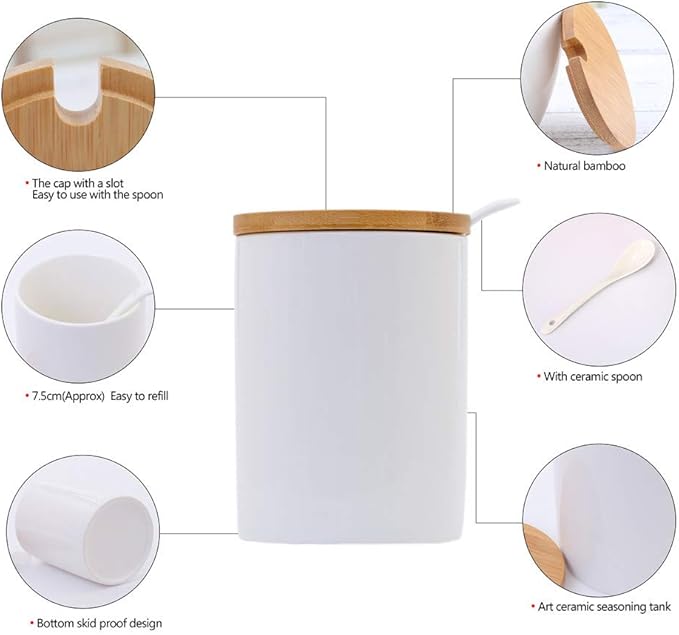 Ceramic Sugar Bowls with Bamboo Lids and Spoons-June Sky Muti-Functional Round Condiment Jar for Home- Spice Storage Canister,10.8 oz 320 ML,3 Pcs Set