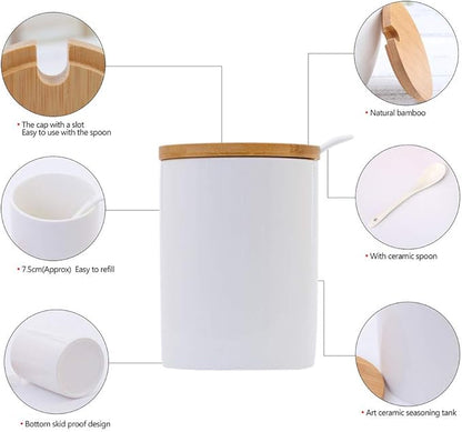 Ceramic Sugar Bowls with Bamboo Lids and Spoons-June Sky Muti-Functional Round Condiment Jar for Home- Spice Storage Canister,10.8 oz 320 ML,3 Pcs Set