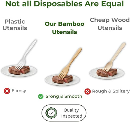 Pre Rolled Napkin and Bamboo Cutlery Set - 100 Pack Bamboo Utensils Wooden Cutlery 100 Forks 100 Knives 100 Spoons 100 Napkins, Pre Wrapped Disposable Silverware Cutlery for Party, Wedding, Events