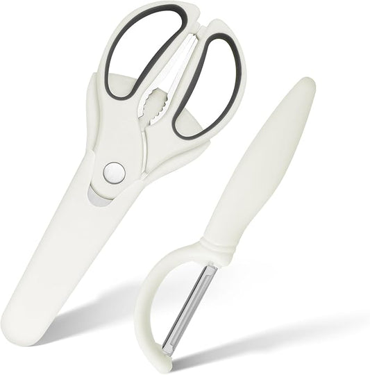 3PCS White Kitchen Scissors and Peeler Set, Magnetic Shears with Fruit Peelers for Food, Heavy Duty Scissors with Magnet Sheath Set for Fridge, Apple Peel Scraper with Magnetic Holder Kitchen Shears