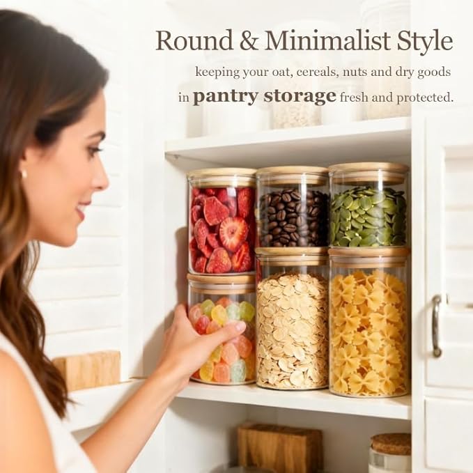 ComSaf Glass Storage Containers with Lids (0.6qt/1qt/1.5qt) Set of 6,Glass Pantry Storage Containers with Airtight Lid & lables for Dry Food, Snacks, Nuts, Stackable for Kitchen, Pantry Organization - Image 4
