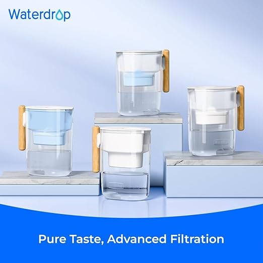 Waterdrop PT-04B 10-Cup Water Filter Pitcher with 4 Filters, NSF Certified, 800-Gallon Long-Life Filter, 5X Longer Filter Life, Reduces PFOA/PFOS and Chlorine, BPA-Free, Sturdy Wooden Handle, Blue