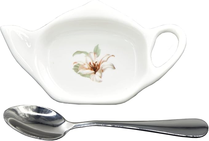 Ceramic Tea Bag Holder Teapot shaped Teabag Coaster Tray 4.5 inches Spoon Rest with Spoon