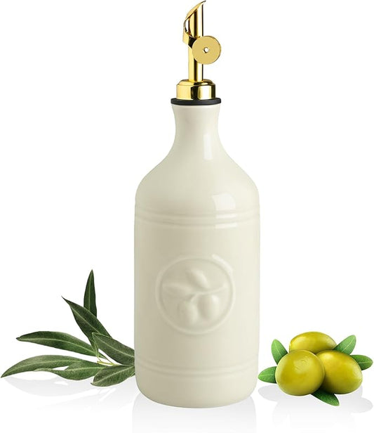 Sweejar 16 Oz Ceramic Olive Oil Dispenser Bottle, Oil Dispenser for Kitchen with Gravity Spout, Relief Opaque Oil Container for Evoo, Avocado Oil, Vinegar, Soy Sauce, 1 Pack(Beige, Gold Spout) by Sweejarco1949