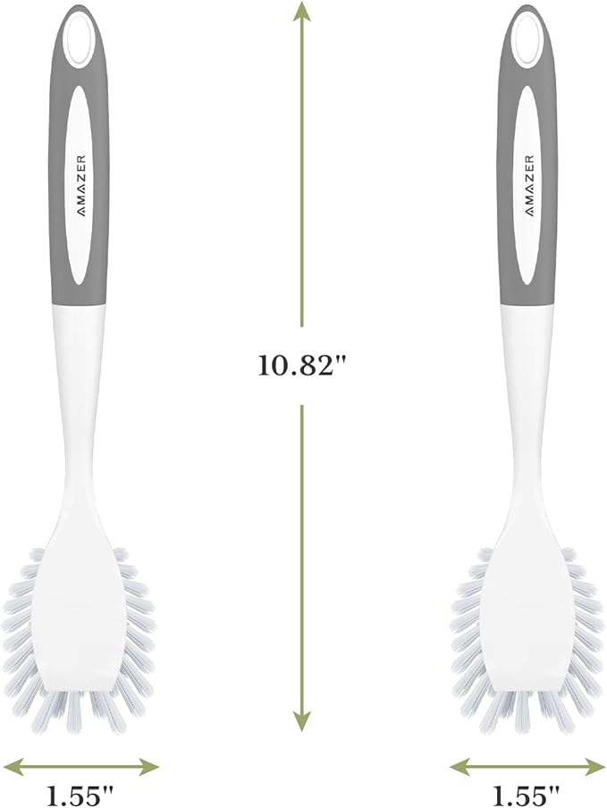 Amazer Dish Brush with Handle, 2 Pack Kitchen Scrub Brushes for Cleaning, Dish Scrubber with Stiff Bristles for Sink, Pots, Pans (Grey+Grey) - Image 3