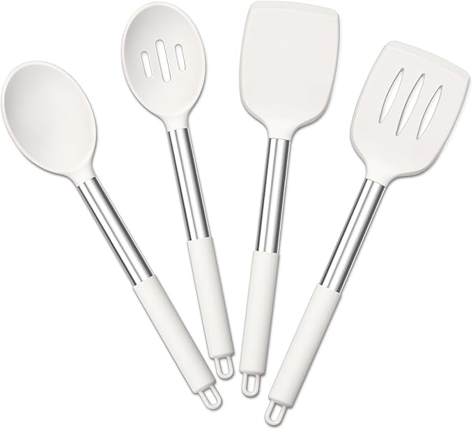 E-far Cooking Utensils Set of 4, Silicone Kitchen Utensils for Non-stick Cookware, Heat Resistant & Non-toxic Slotted Spatula Solid Spoon Turner for Flipping Mixing Serving Basting(White) by E-far