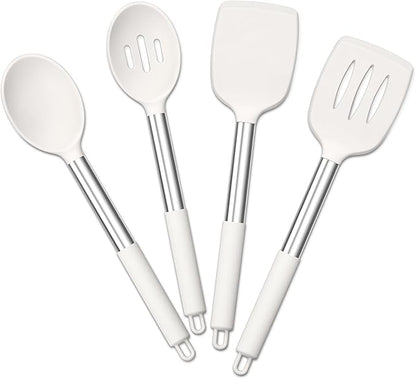 E-far Cooking Utensils Set of 4, Silicone Kitchen Utensils for Non-stick Cookware, Heat Resistant & Non-toxic Slotted Spatula Solid Spoon Turner for Flipping Mixing Serving Basting(White) by E-far