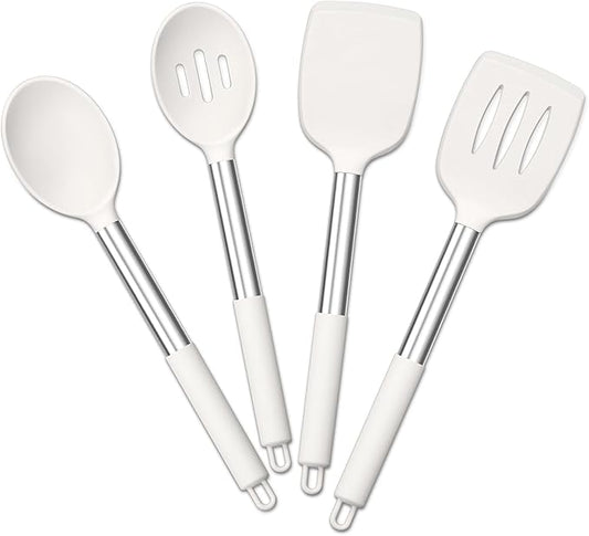 E-far Cooking Utensils Set of 4, Silicone Kitchen Utensils for Non-stick Cookware, Heat Resistant & Non-toxic Slotted Spatula Solid Spoon Turner for Flipping Mixing Serving Basting(White) by E-far