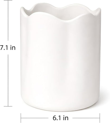 Ceramic Utensil Holder for Kitchen Counter, 7.1" Large Kitchen Utensil Crock with Protection Cork Mat, Modern Cooking Tools Organizer for Countertop, Matte White