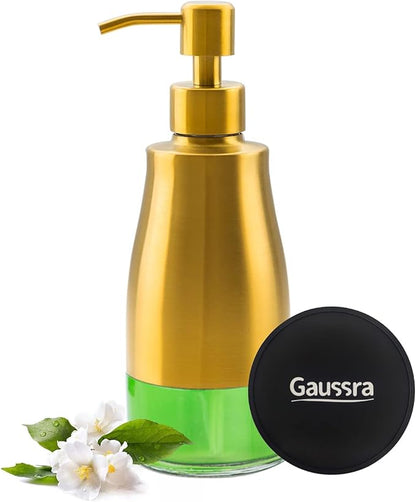 Gaussra Soap Dispenser with Coaster and Stickers, Brushed Gold Stainless Steel Glass Hand Pump Dispenser, Anti Rust Bottle, for Kitchen & Bathroom Detergent Bottle，Refillable Hand Liquid Dispenser by Gaussra