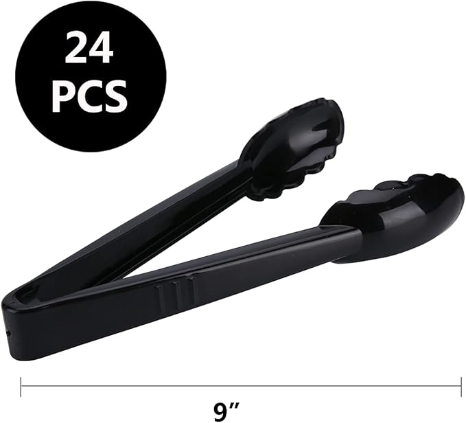 24 Pieces Disposable Serving Tongs, 9" Heavy-Duty Plastic Utensils, BPA-Free, Scalloped Grip Salad Tongs, Perfect for Buffets, BBQ, Parties & Catering, Black - Image 2