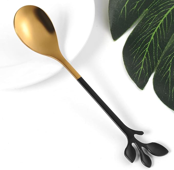 AnSaw Elegant Black & Gold Leaf Espresso Spoons - 10-Piece, 4.7" Mini Stainless Steel Coffee & Dessert Tea Spoons, Perfect for Demitasse & Small Servings - Image 3