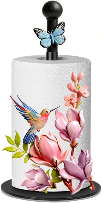 Whaline Pink Floral Hummingbird Paper Towel Holder Spring Flower Bird Large Metal Towel Holder Stand for Home?Party Kitchen Bathroom Countertop Decor Accessories