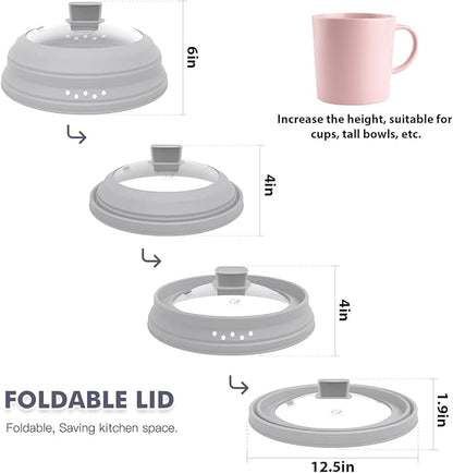 Tall Microwave Splatter Cover Glass Cover Guard Lid 6 inch Height with Collapsible Silicone for Food Pot Plate 12.5 inch Grey