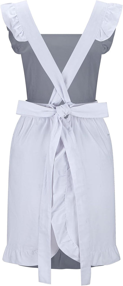 Hyzrz Retro Adjustable Ruffle Aprons with Pockets for Women Girls Vintage Cross Back Pinafore Dress Maid Costume Apron