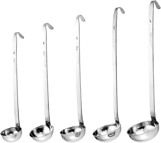 Stainless Steel Hooked Handle Ladle Set - 5 Pcs with Pouring Rim, Long Handle for Kitchen Cooking Soup Sauce (1oz, 2oz, 4oz, 6oz, 8oz) by Odowalker