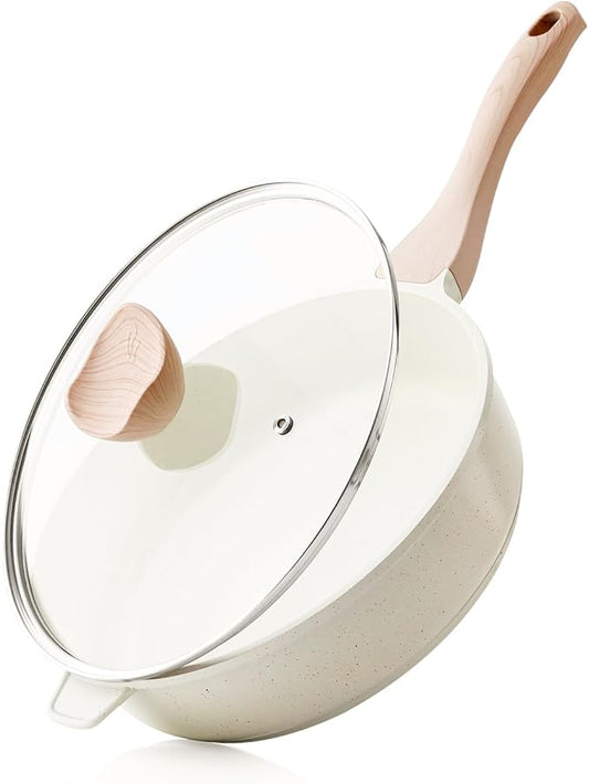 Kordisen Nonstick Ceramic Deep Frying Pan, 10 Inch Non Toxic Skillet with Lid, Healthy Jumbo Cooker, Saute Pan for Cooking, Induction Cookware, PFOA & PFAS Free (Cream) by Kordisen