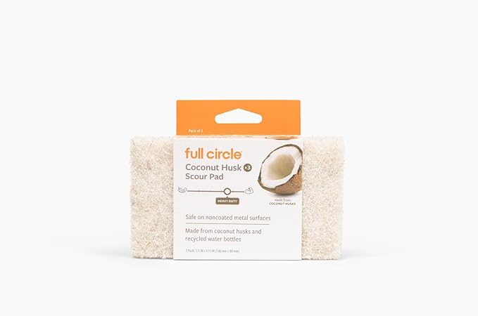 Full Circle Heavy Duty Scour Pads, Pack of 3 – Plant-Based Coconut Shell Scrubbers Made with Recycled Materials, Safe for Nonstick Cookware by FULLCIRCLE