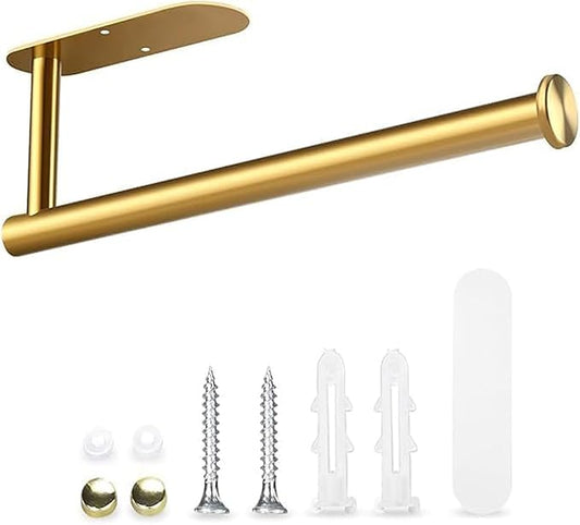 Self Adhesive Paper Towel Holder Under Cabinet Mount, Wall Mounted Paper Towel Roll Holder for Kitchen, Bathroom, Wall,BBQ Grill, Gold