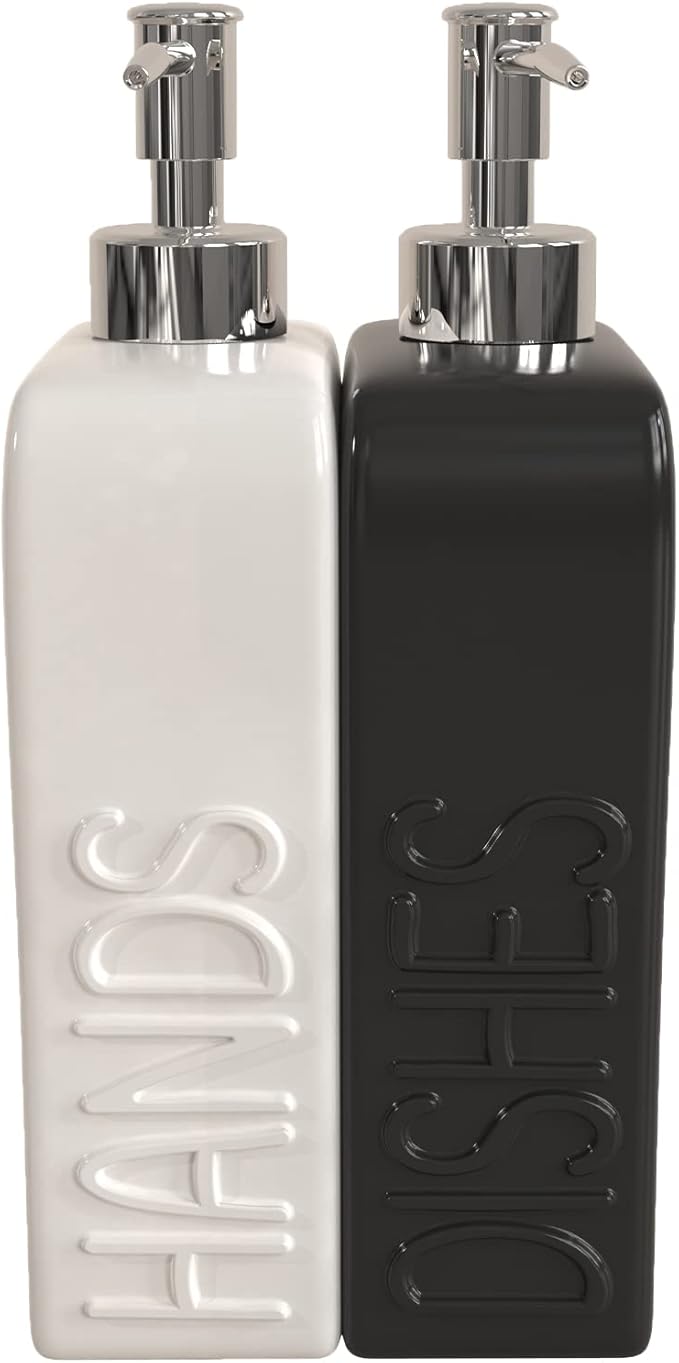 Soap Dispenser Set with Funnel, Non-Slip Silicone Pads, 2 Pack Ceramic Refillable Dish Soap and Hand Soap Dispenser for Kitchen, Bathroom, Matte Black and White - Image 6