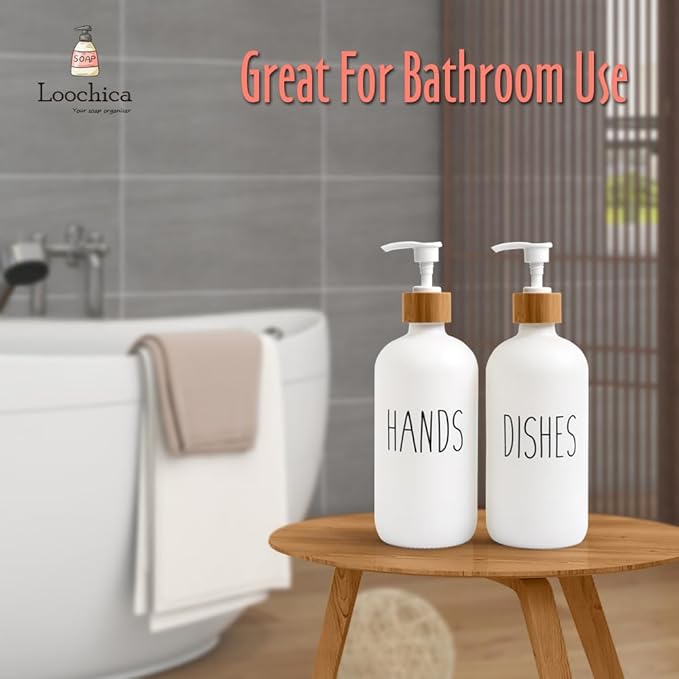 LOOCHICA 2 Pack White Glass Soap Dispenser Set for Kitchen Sink, Hand and Dish Soap, Matte White Finish, Rustic Decor - Image 9