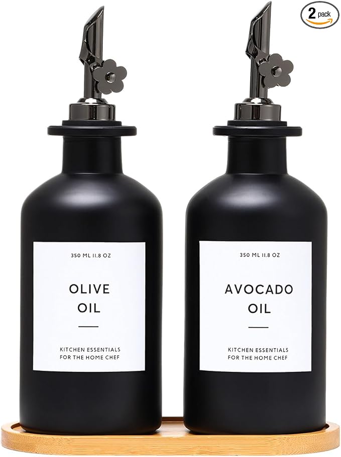 HOMCDALY Olive Oil Dispenser for Kitchen, 11.8oz Glass Kitchen Dispenser Bottle, Black Oil&Vinegar Cruet Set, Leakproof Olive Oil Bottles | Set of 2 (11.8oz – Black) by HOME