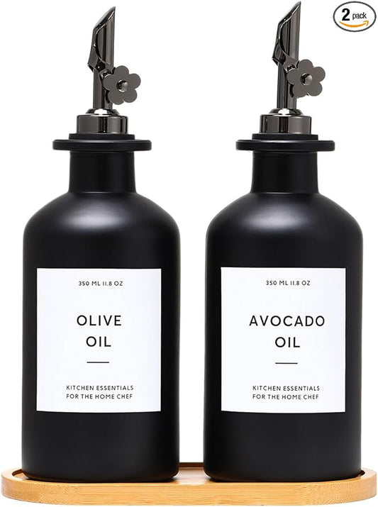 HOMCDALY Olive Oil Dispenser for Kitchen, 11.8oz Glass Kitchen Dispenser Bottle, Black Oil&Vinegar Cruet Set, Leakproof Olive Oil Bottles | Set of 2 (11.8oz – Black) by HOME