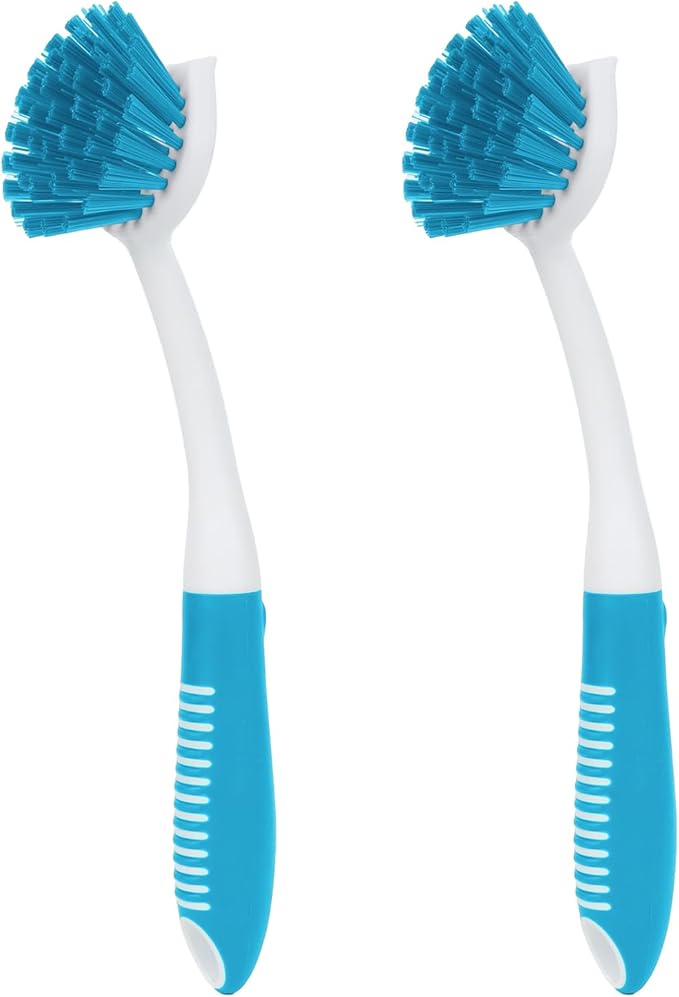 Dish Brush with Handle, 2 Pack Scrub Brushes with Built-in Scraper for Cleaning Kitchen, Pots, Pans and Sink, Scrubber Washing Tools, Blue by HileSwan