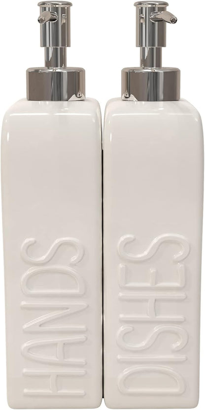 Soap Dispenser Set with Stainless Steel Pump, 2 Pack Ceramic Refillable Dish Soap and Hand Soap Dispenser for Kitchen, Bathroom, Matte White - Image 6